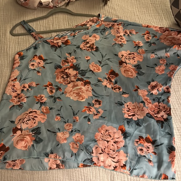Teal and Pink Floral print blouse with a right shoulder open held with strap - Picture 2 of 3
